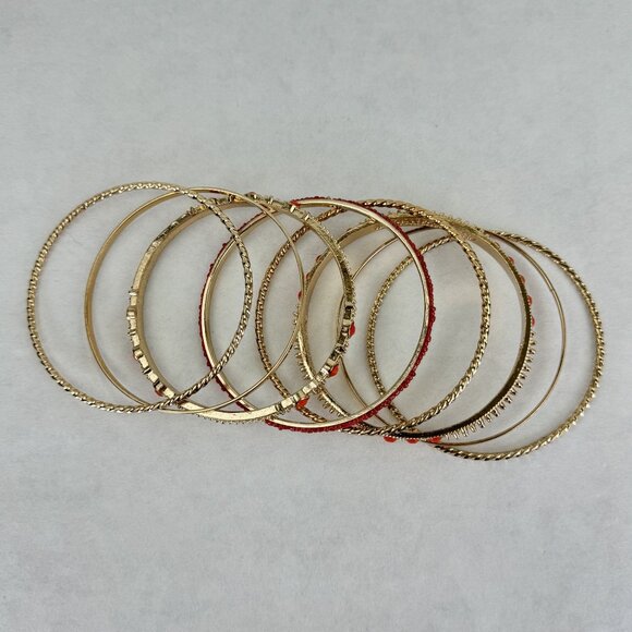Gold-tone Coral Bangle Bracelet 8 pcs Set Textured Detailing Beaded Accents 2.5" - Picture 5 of 7